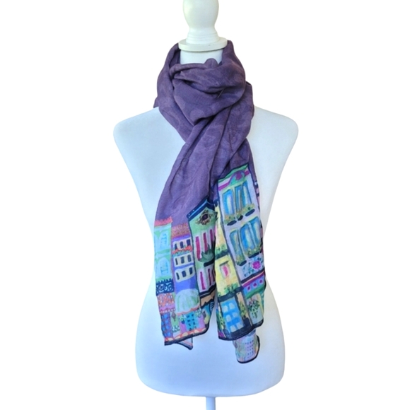 Karen Fields Lightweight Scarf with City Town Print Trim Purple Women's - Picture 2 of 8